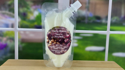 Cherry Almond handmade wax melts by The Scented Angels in clamshell and Squeeze Wax™, scented with red berry, almond, cherry, vanilla, and coconut.