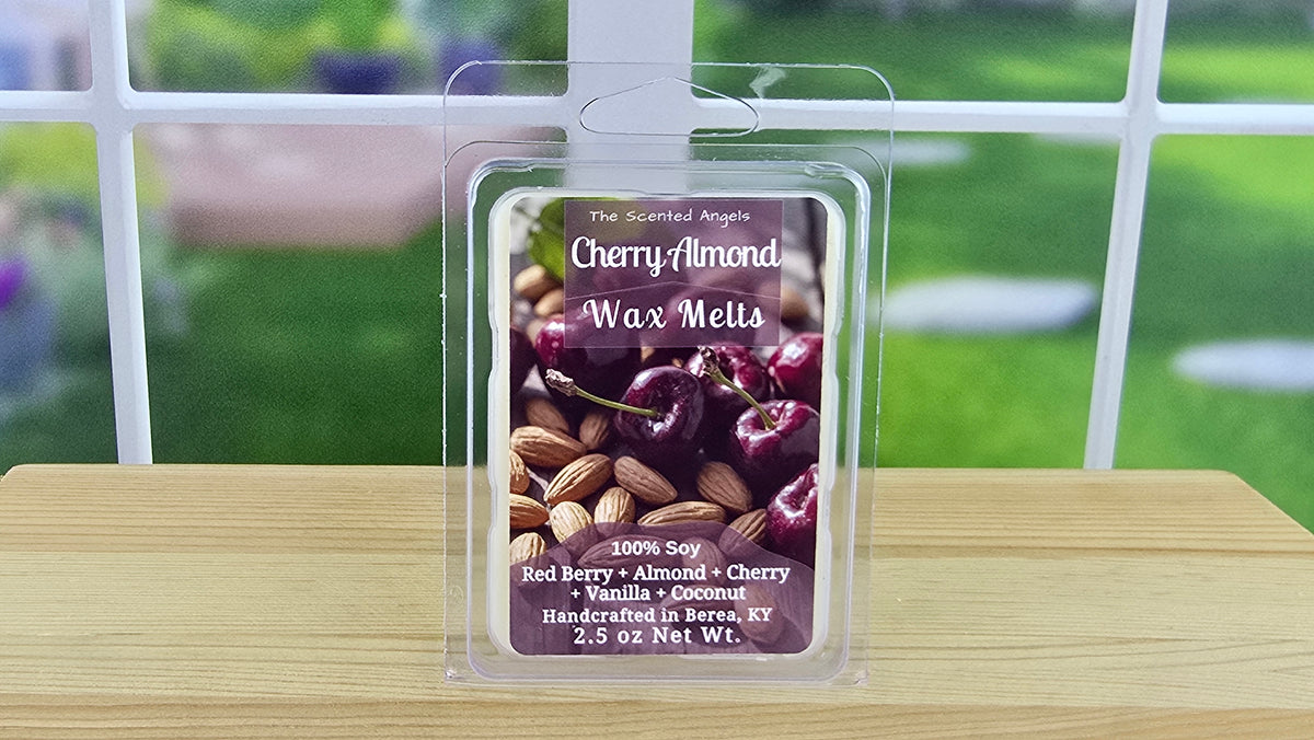 Cherry Almond handmade wax melts by The Scented Angels in clamshell and Squeeze Wax™, scented with red berry, almond, cherry, vanilla, and coconut.