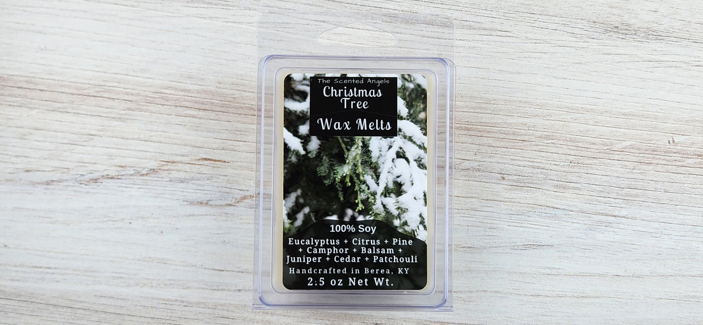 Christmas tree wax melts packaging on a light wooden surface