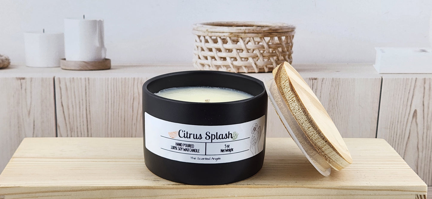 Candle labeled 'Citrus Splash' on a wooden surface with a wicker basket in the background.