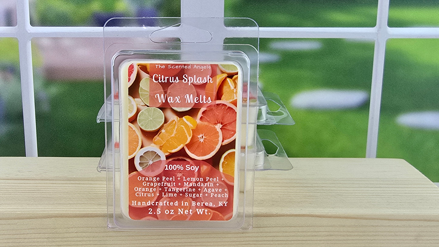 Citrus-themed wax melt package on a wooden surface with a blurred outdoor background