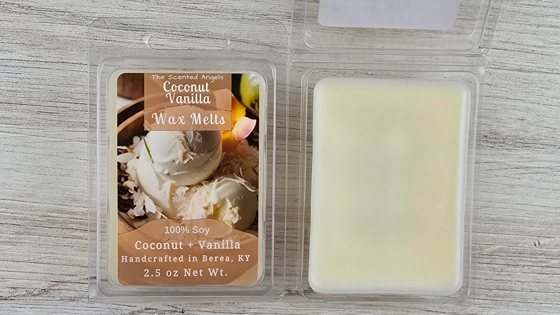 Coconut Vanilla wax melt packaging on a wooden surface