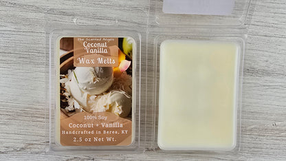 Coconut Vanilla wax melt packaging on a wooden surface