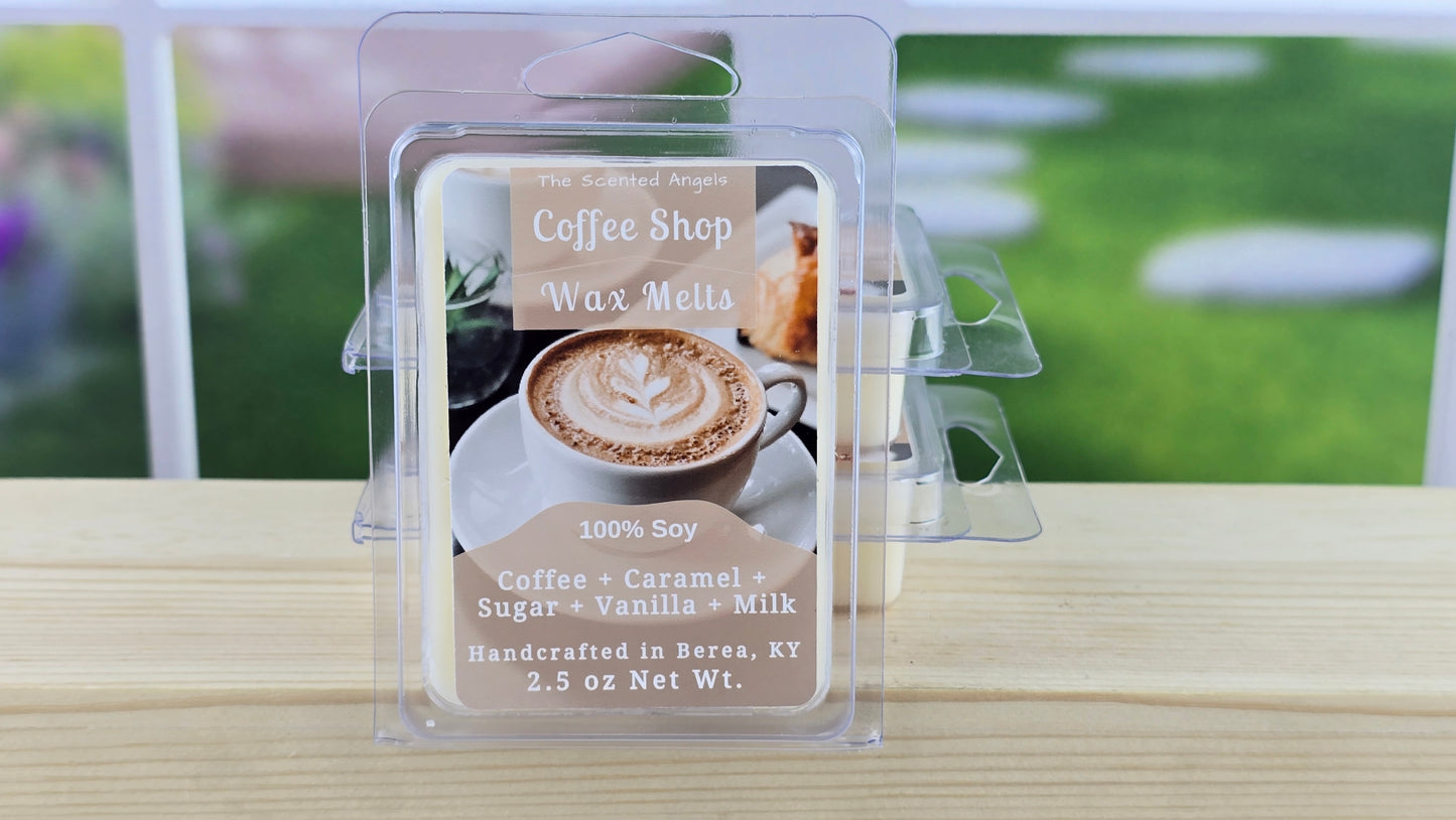 Coffee shop wax melts packaging on a wooden surface with a blurred outdoor background