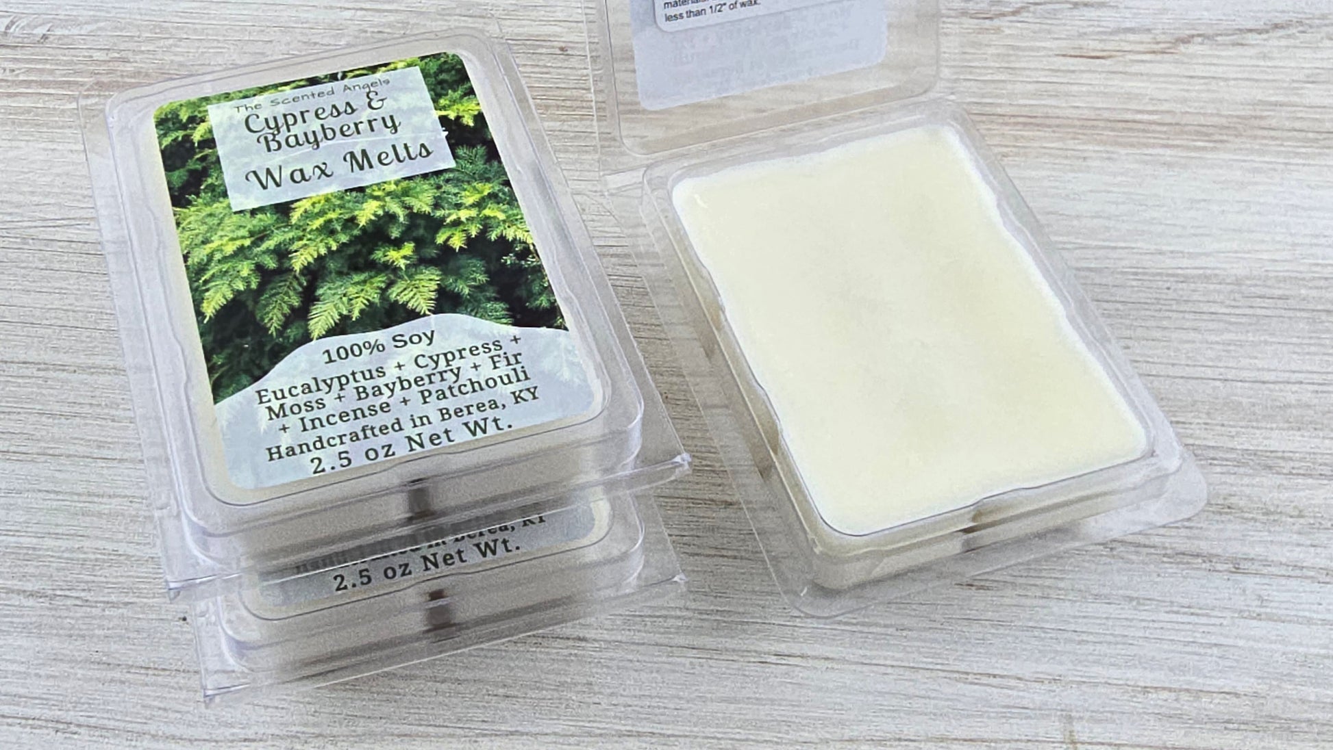 Cypress and Bayberry clamshell wax melt packaging opened