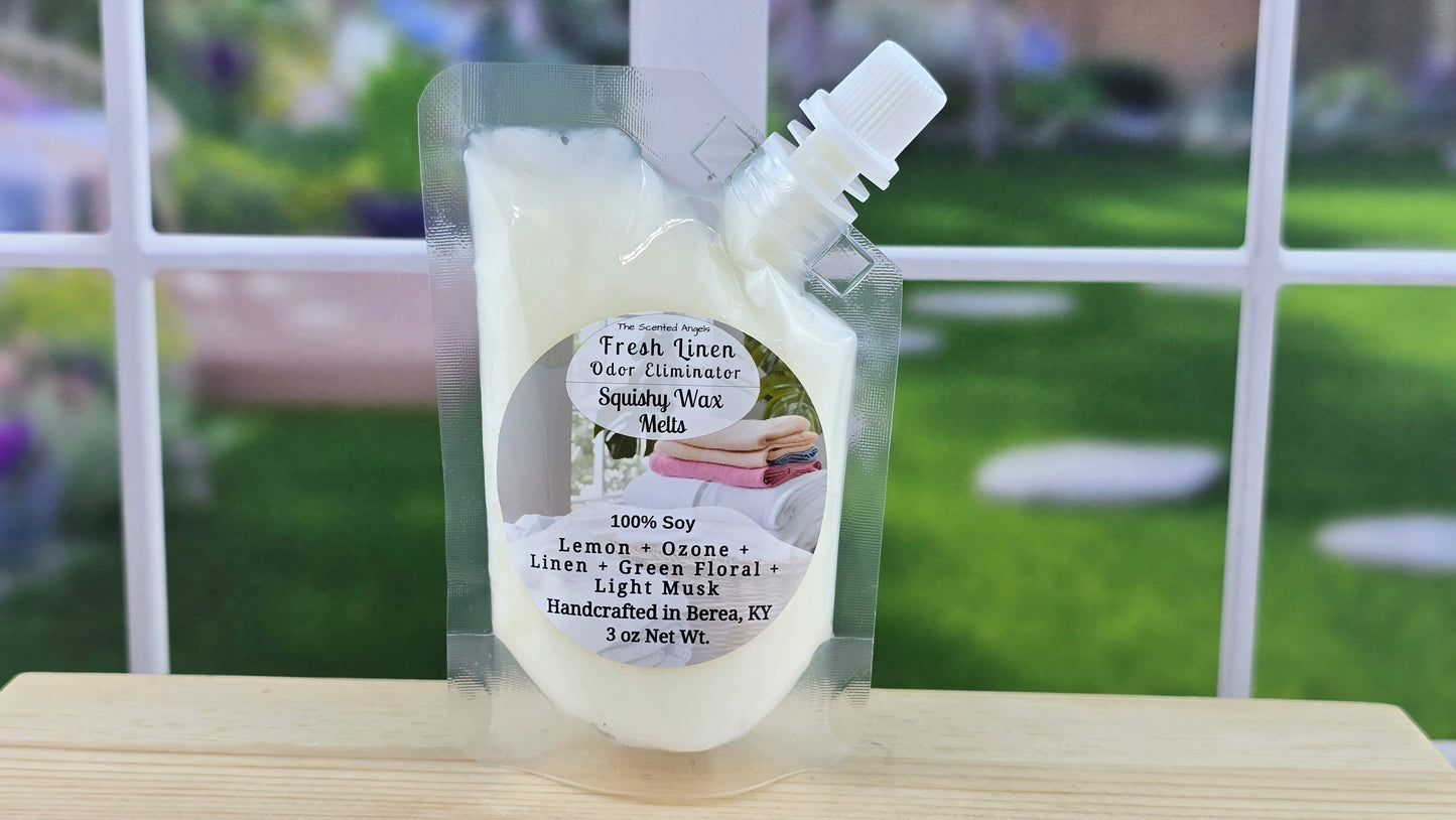 A clear plastic pouch containing white wax melts with a white nozzle, labeled as Fresh Linen Odor Eliminator, 100% Soy Squeezy Wax Melts - 3 oz.