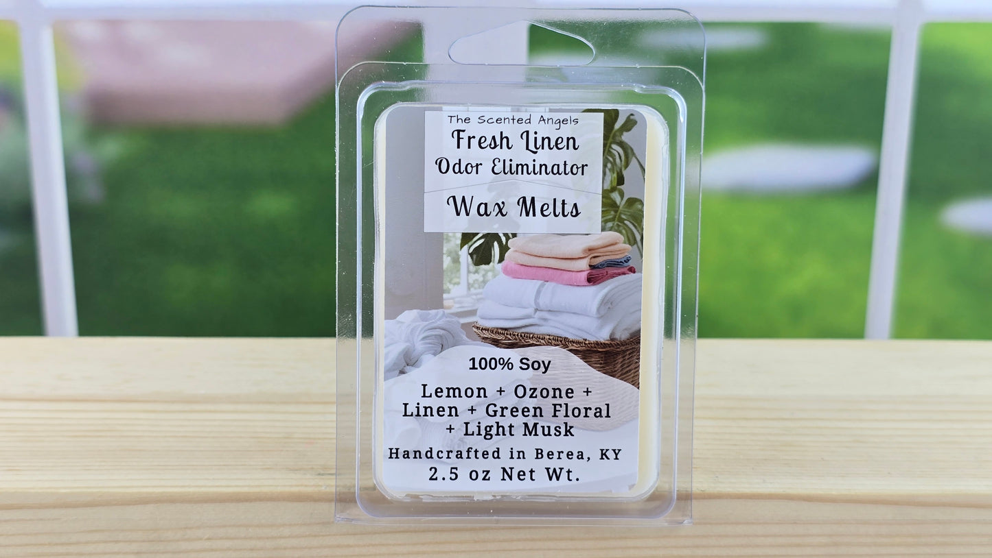 Packaged wax melt with product details on a wooden surface