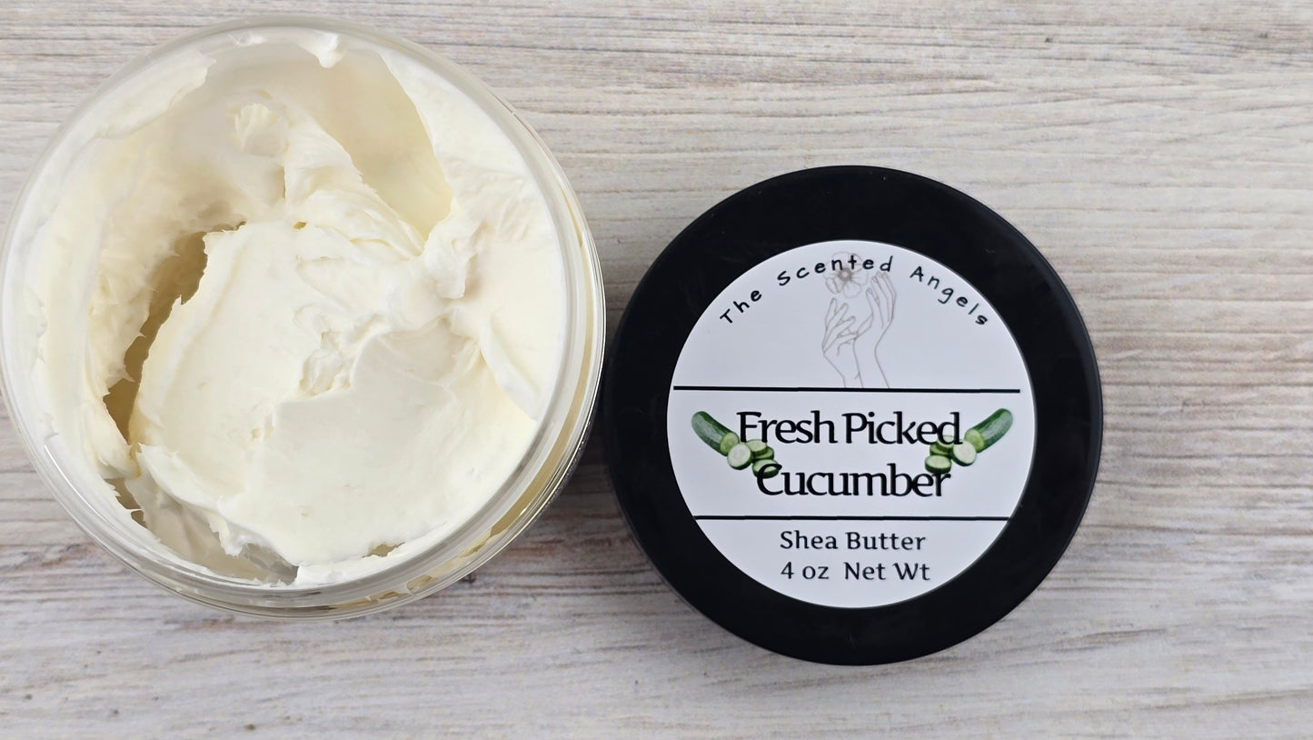 Fresh Picked Cucumber Whipped Shea Body Butter 4 oz open jar
