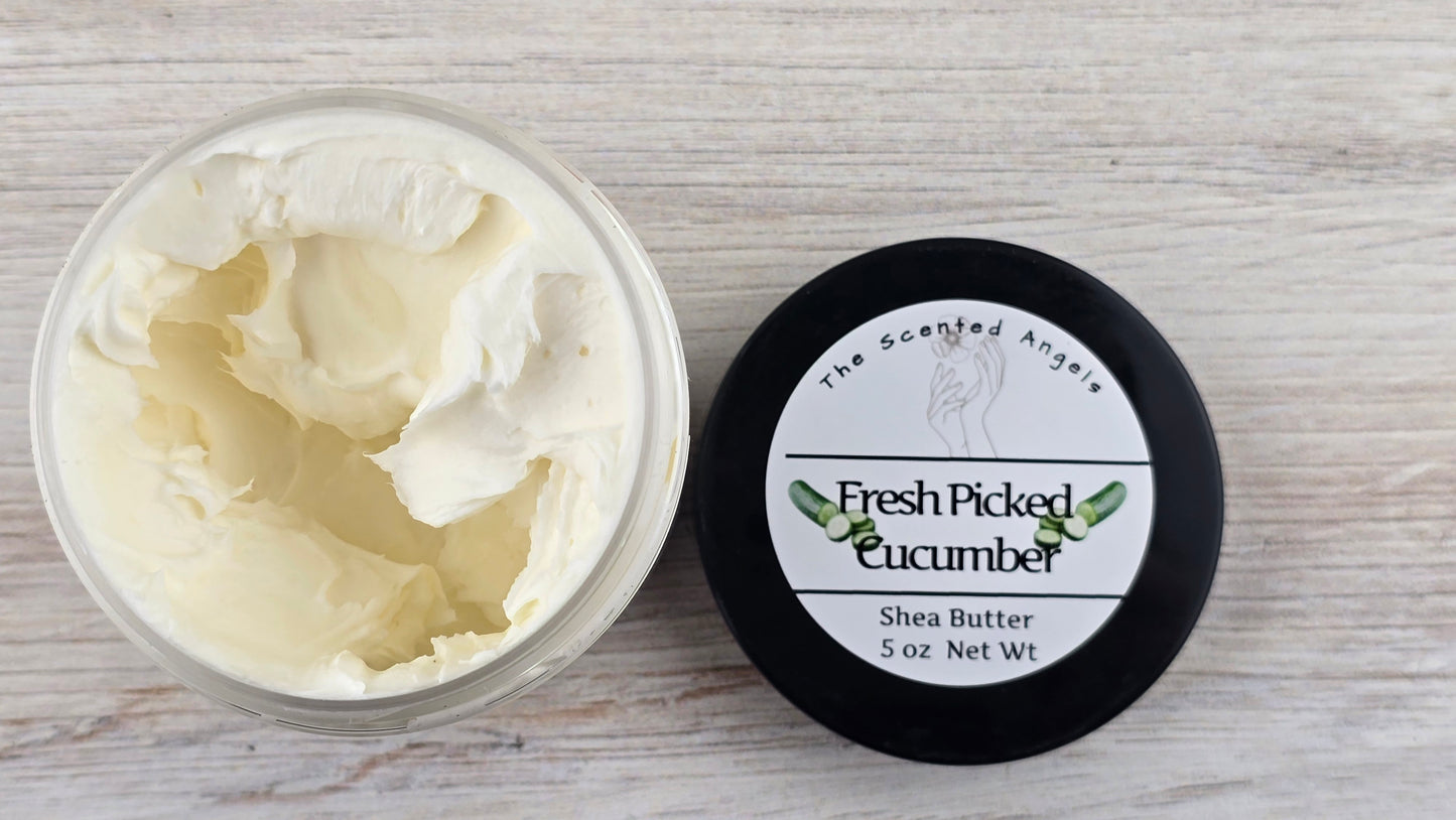 Fresh Picked Cucumber Whipped Shea Body Butter 5 oz open jar
