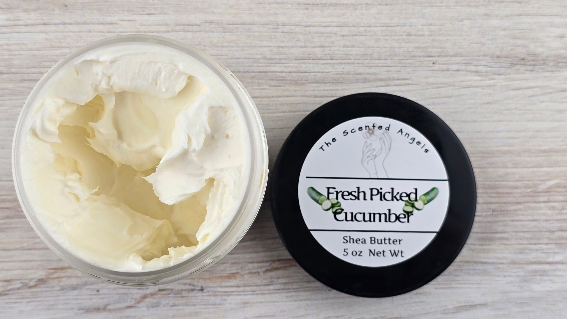 Fresh Picked Cucumber Whipped Shea Body Butter 5 oz open jar