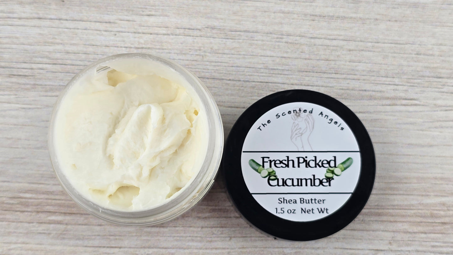Fresh Picked Cucumber Whipped Shea Body Butter 1.5 oz open jar