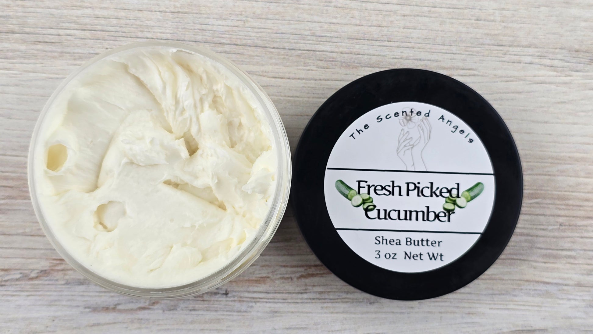 Fresh Picked Cucumber Whipped Shea Body Butter 3 oz open jar