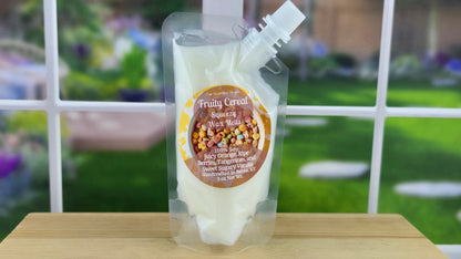 Fruity Cereal handmade wax melts by The Scented Angels in clamshell and Squeeze Wax™, featuring juicy orange, ripe berries, tangerine, and sweet sugary vanilla inspired by Fruity Pebbles.