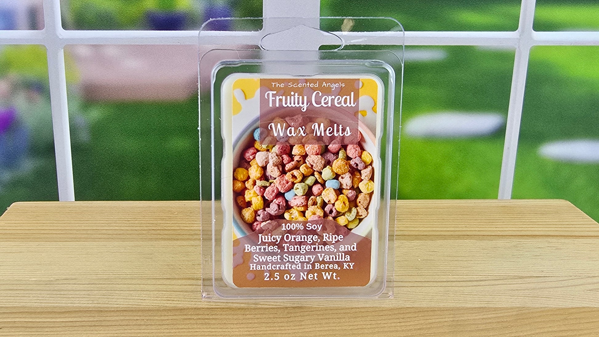 Fruity Cereal handmade wax melts by The Scented Angels in clamshell and Squeeze Wax™, featuring juicy orange, ripe berries, tangerine, and sweet sugary vanilla inspired by Fruity Pebbles.