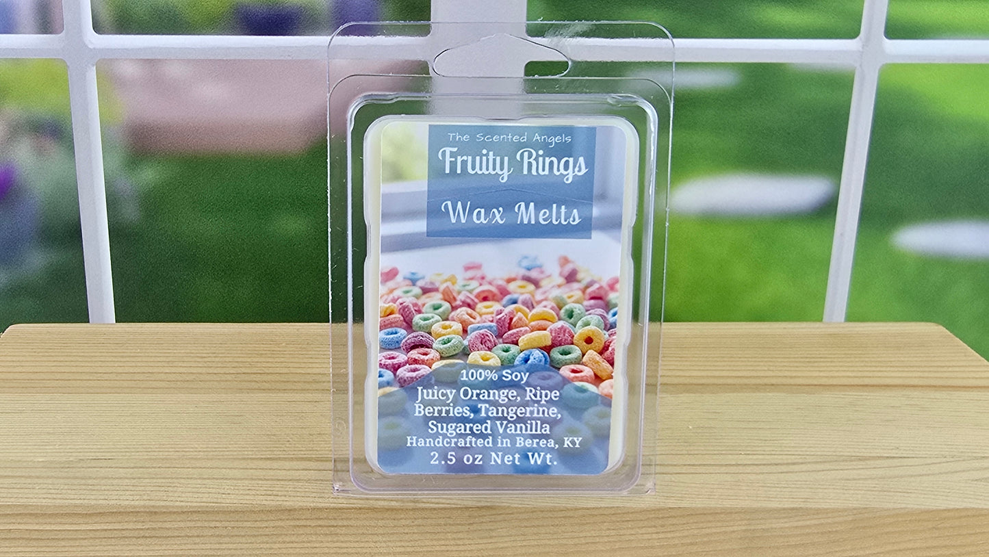 Fruity Rings handmade wax melts by The Scented Angels in clamshell and Squeeze Wax™, featuring juicy orange, ripe berries, tangerine, and sugared vanilla inspired by Fruit Loops.
