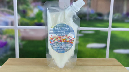 Fruity Rings handmade wax melts by The Scented Angels in clamshell and Squeeze Wax™, featuring juicy orange, ripe berries, tangerine, and sugared vanilla inspired by Fruit Loops