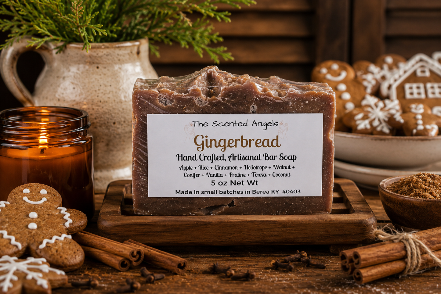 Handmade Gingerbread vegan artisan soap by The Scented Angels with a naturally warm brown color created by the fragrance's high vanilla content.