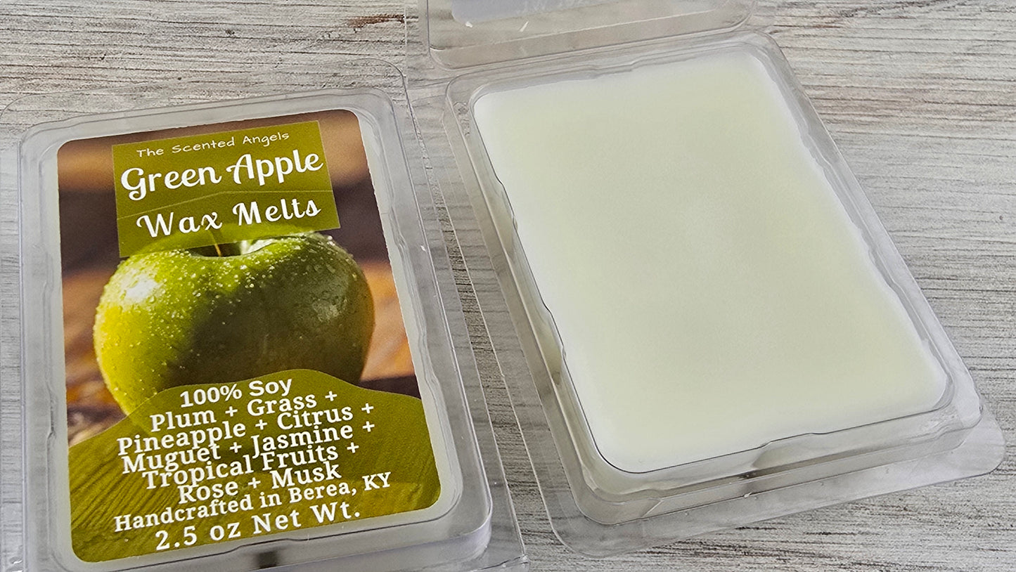 Green Apple wax melts packaging on a wooden surface