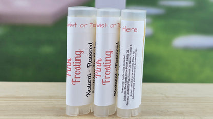Three lip balm tubes labeled 'Pink Frosting'