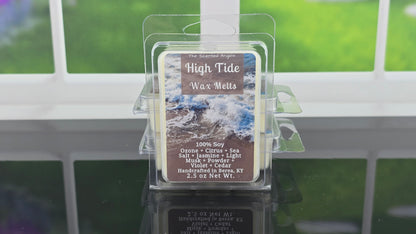 Wax melt packaging labeled 'High Tide' on a reflective surface with a blurred outdoor background.