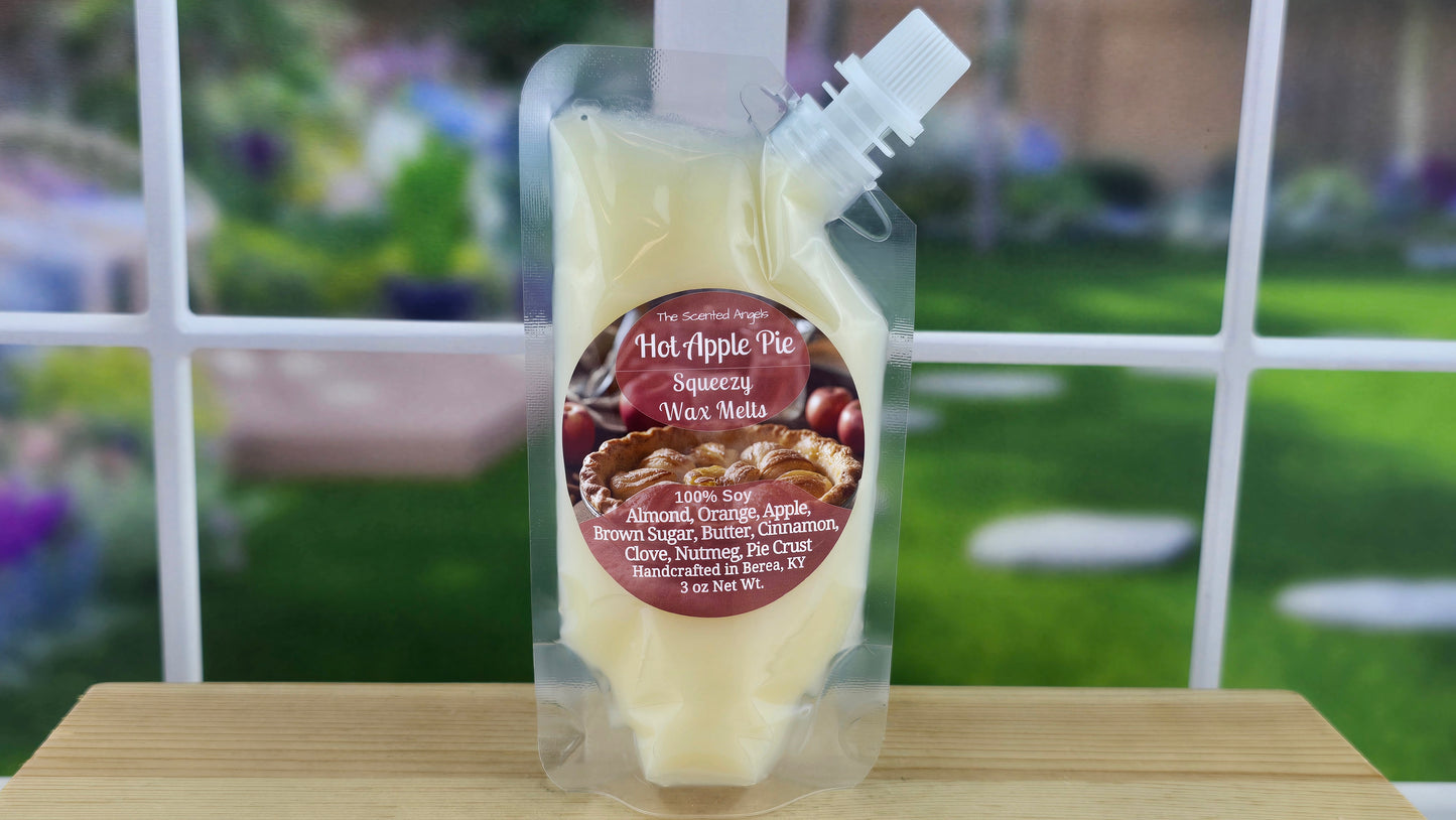 Hot Apple Pie handmade wax melts by The Scented Angels in clamshell and Squeeze Wax™, featuring apple, brown sugar, butter, cinnamon, clove, nutmeg, and pie crust.