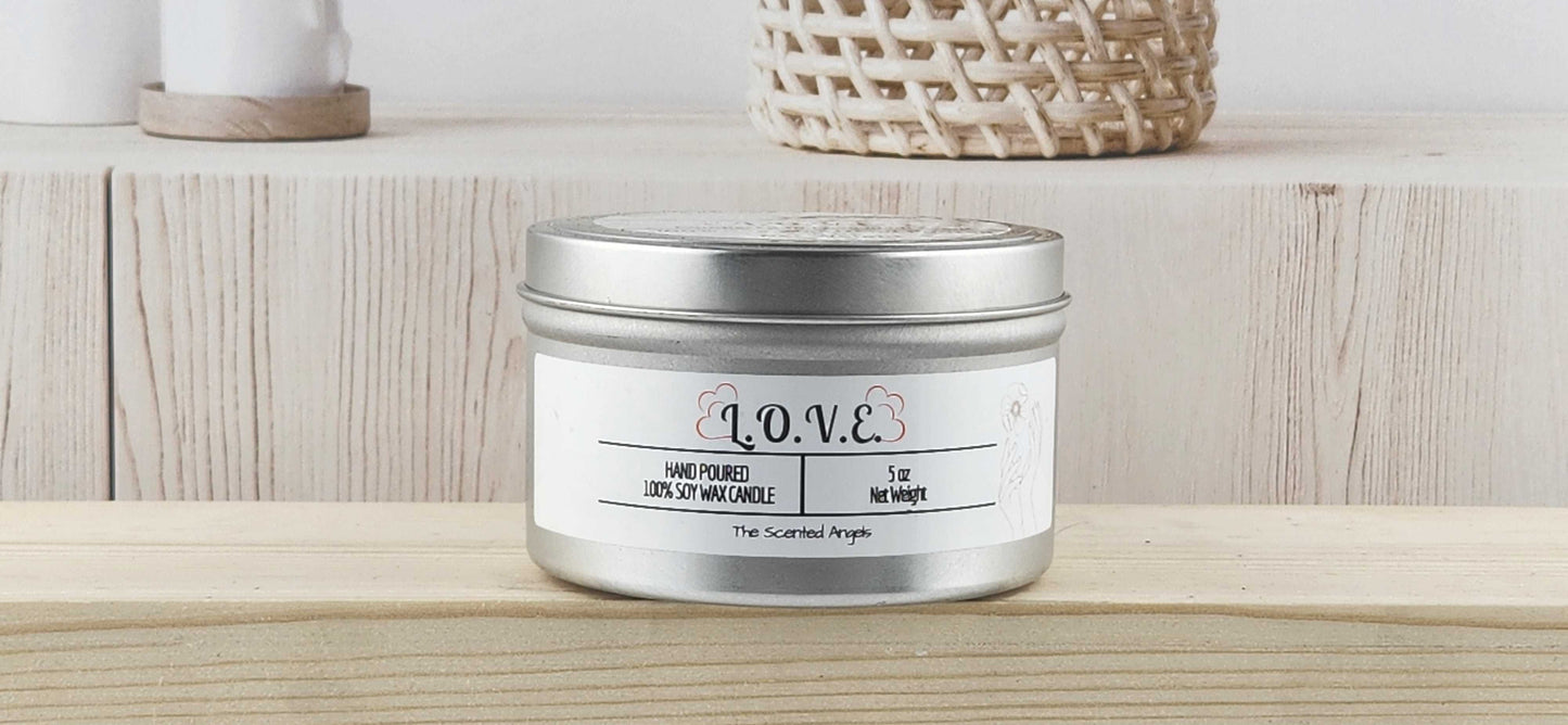L.O.V.E. Scented 100% Soy Wax Candle - Silver Tin The Scented Angels Soy Candles