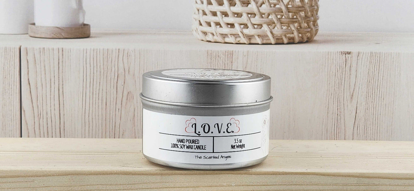 L.O.V.E. Scented 100% Soy Wax Candle - Silver Tin The Scented Angels Soy Candles