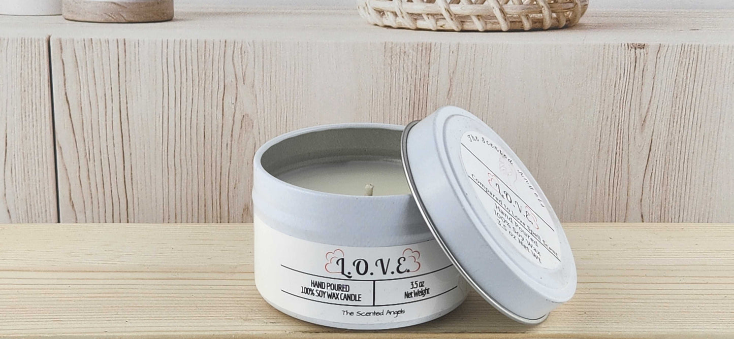 L.O.V.E. Scented 100% Soy Wax Candle - White Tin The Scented Angels Soy Candles