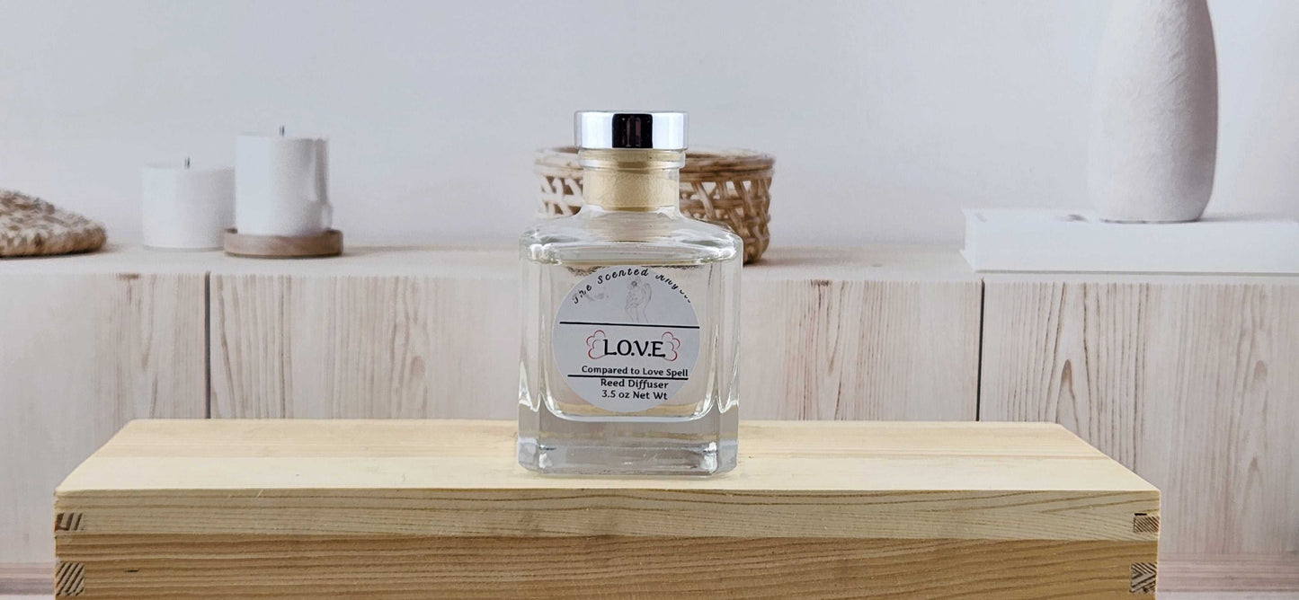 L.O.V.E. Scented Reed Diffuser - Comes with 6 reeds - Modern Glass Bottle The Scented Angels Reed Diffuser