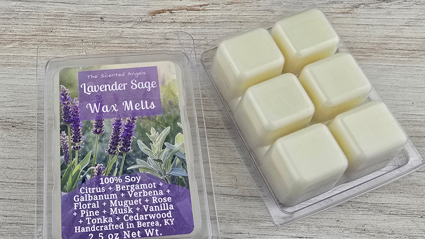 Packaged lavender sage wax melts on a wooden surface