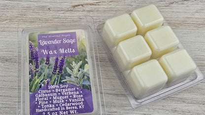 Packaged lavender sage wax melts on a wooden surface