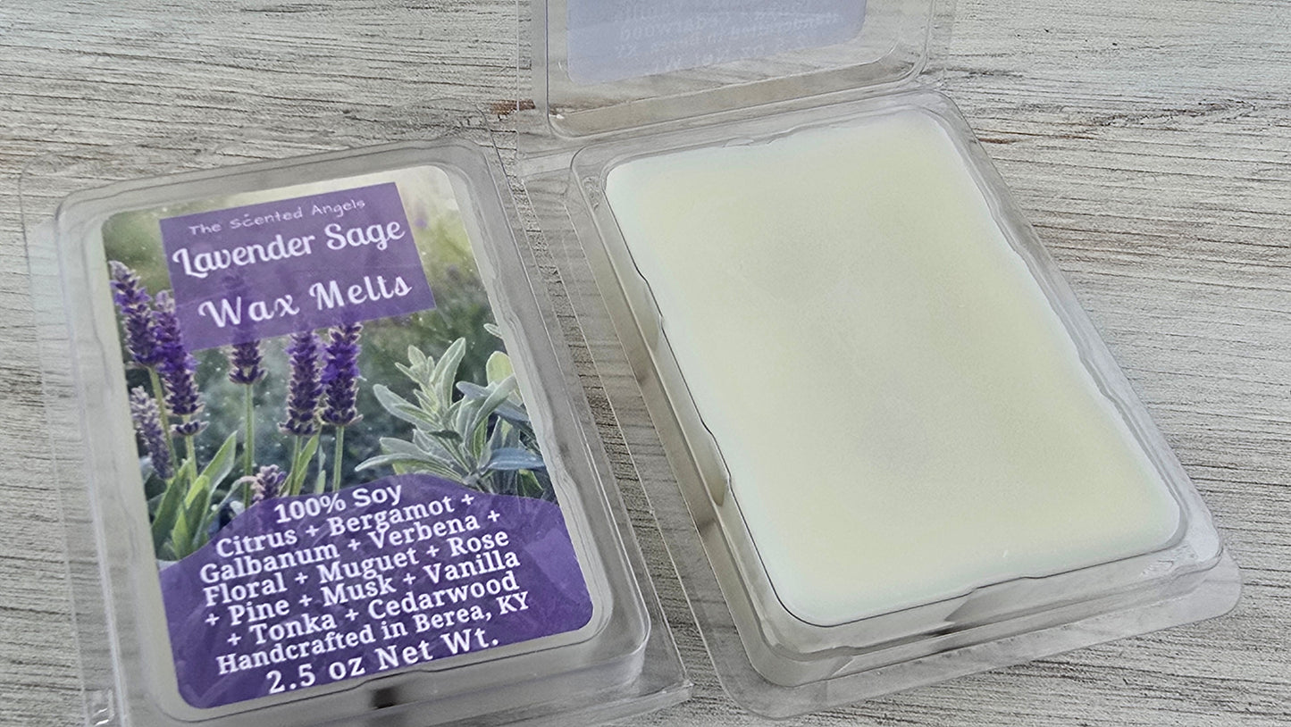 Lavender Sage wax melt packaging with a single wax melt on a wooden surface