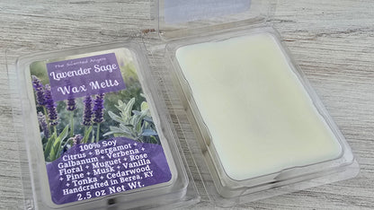 Lavender Sage wax melt packaging with a single wax melt on a wooden surface