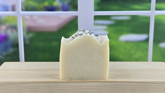 A bar of handmade lavender tallow soap with real lavender buds on top, placed on a wooden surface with a bright window in the background.