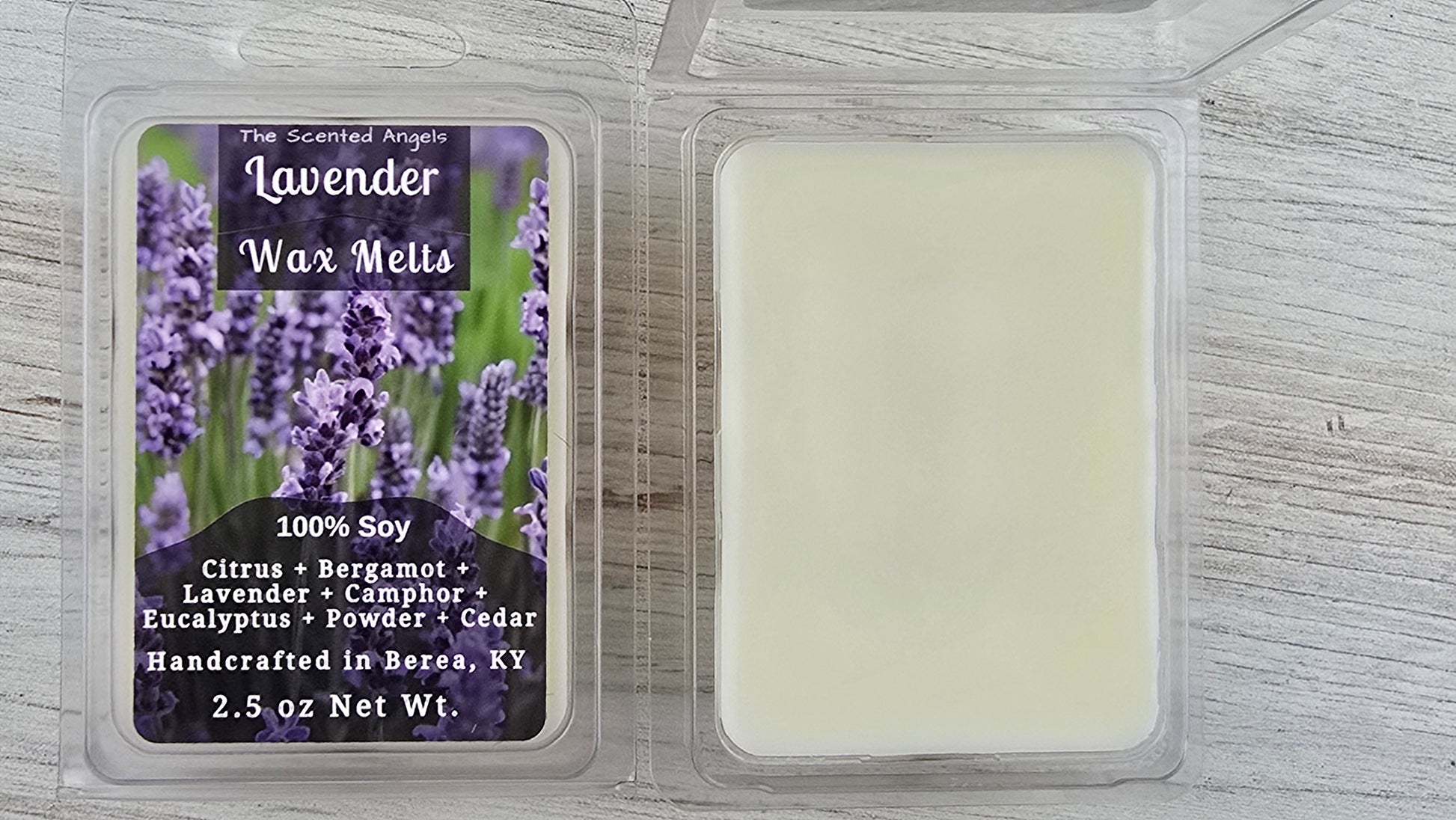 Lavender wax melt packaging with a label on a wooden surface