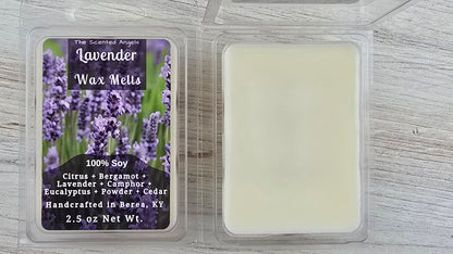Lavender wax melt packaging with a label on a wooden surface