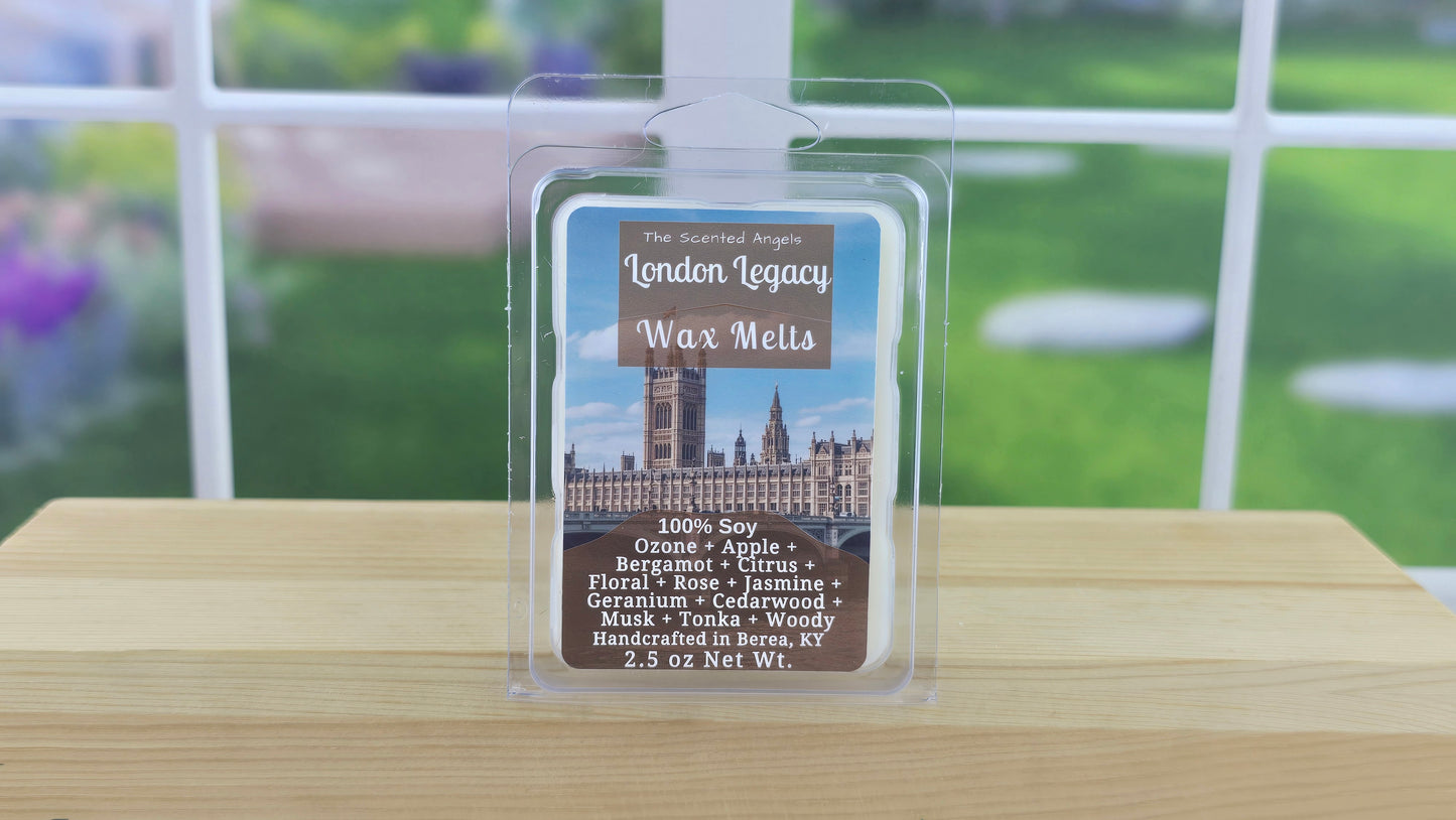 Packaged wax melts with a label on a wooden surface, blurred outdoor background