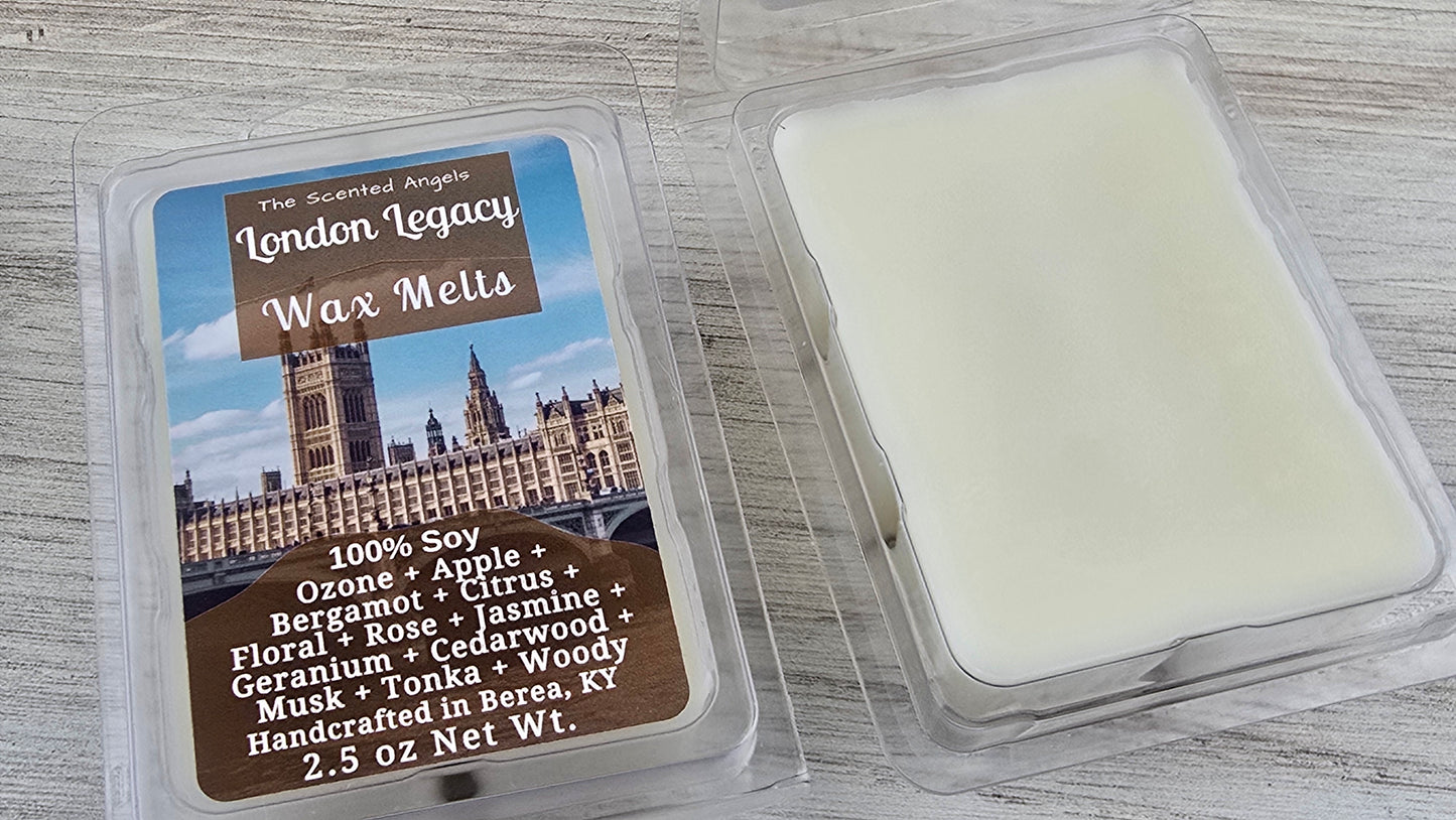 Packaged wax melt with 'London Legacy' branding on a wooden surface