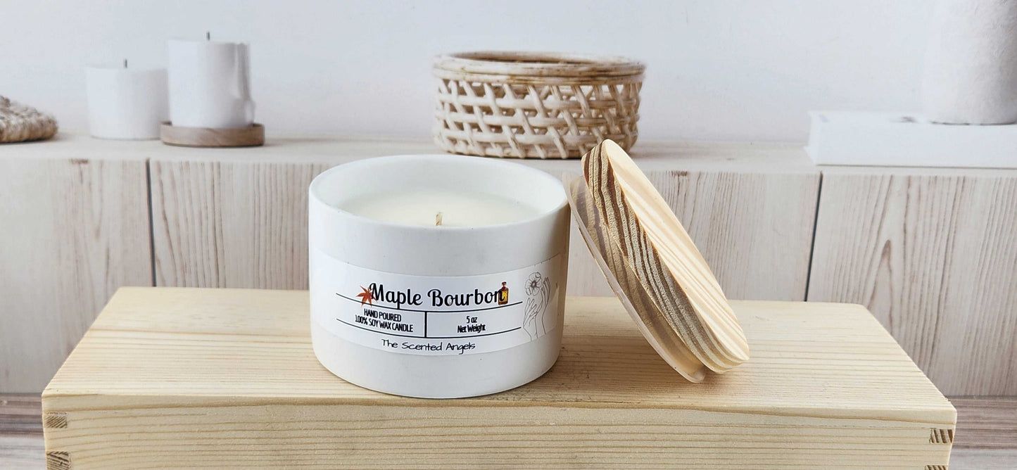 Maple Bourbon Scented 100% Soy Wax Candle - White Cement The Scented Angels Soy Candles