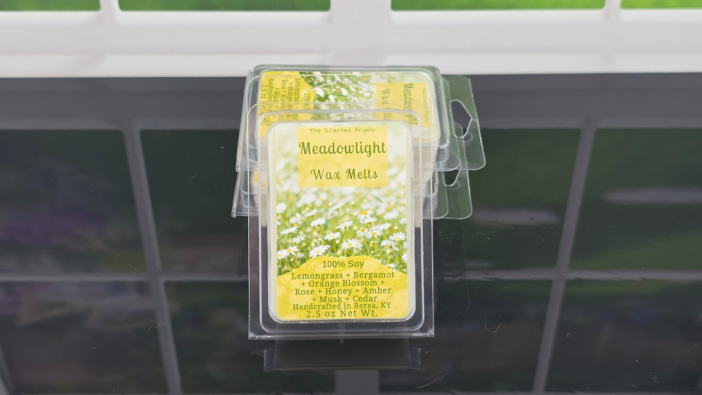 Meadowlight wax melts packaging on a tiled surface