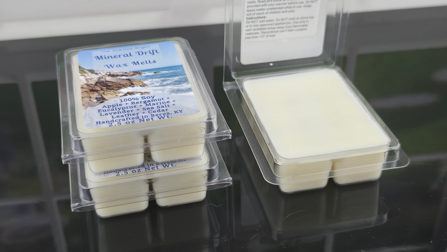 opened wax melt showing contents with two wax melts showing label side by side