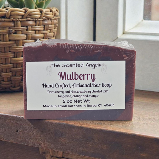 Mulberry bar soap on a wooden surface