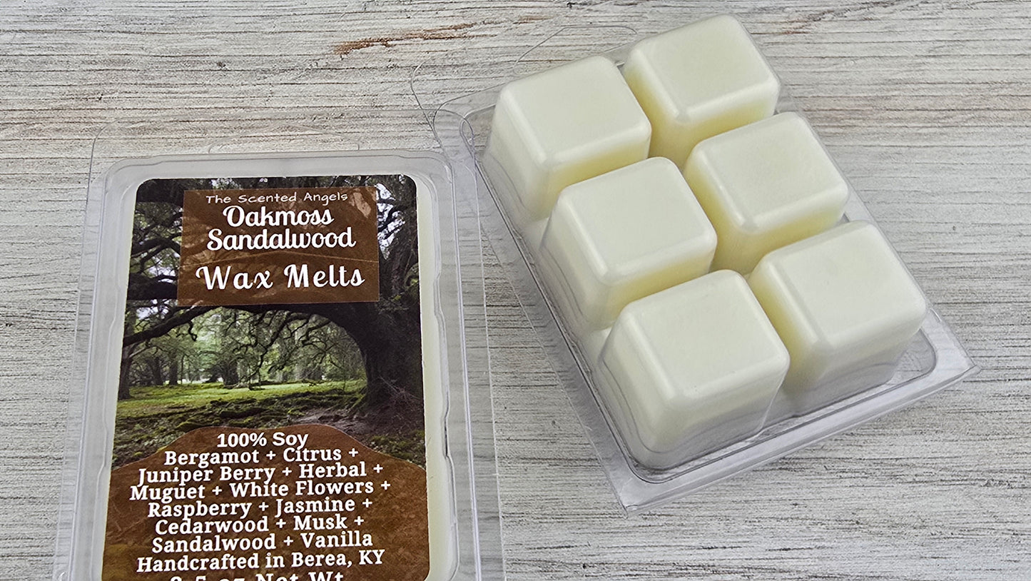 Pack of Oakmoss Sandalwood wax melts on a wooden surface