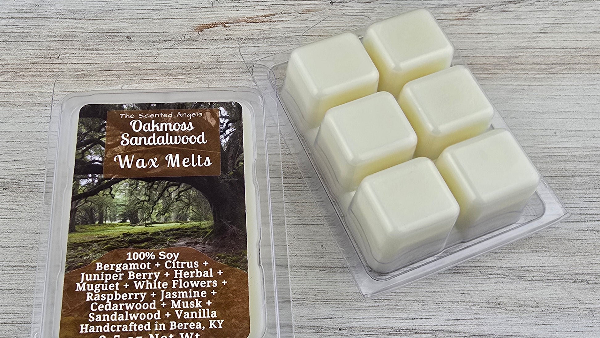 Pack of Oakmoss Sandalwood wax melts on a wooden surface
