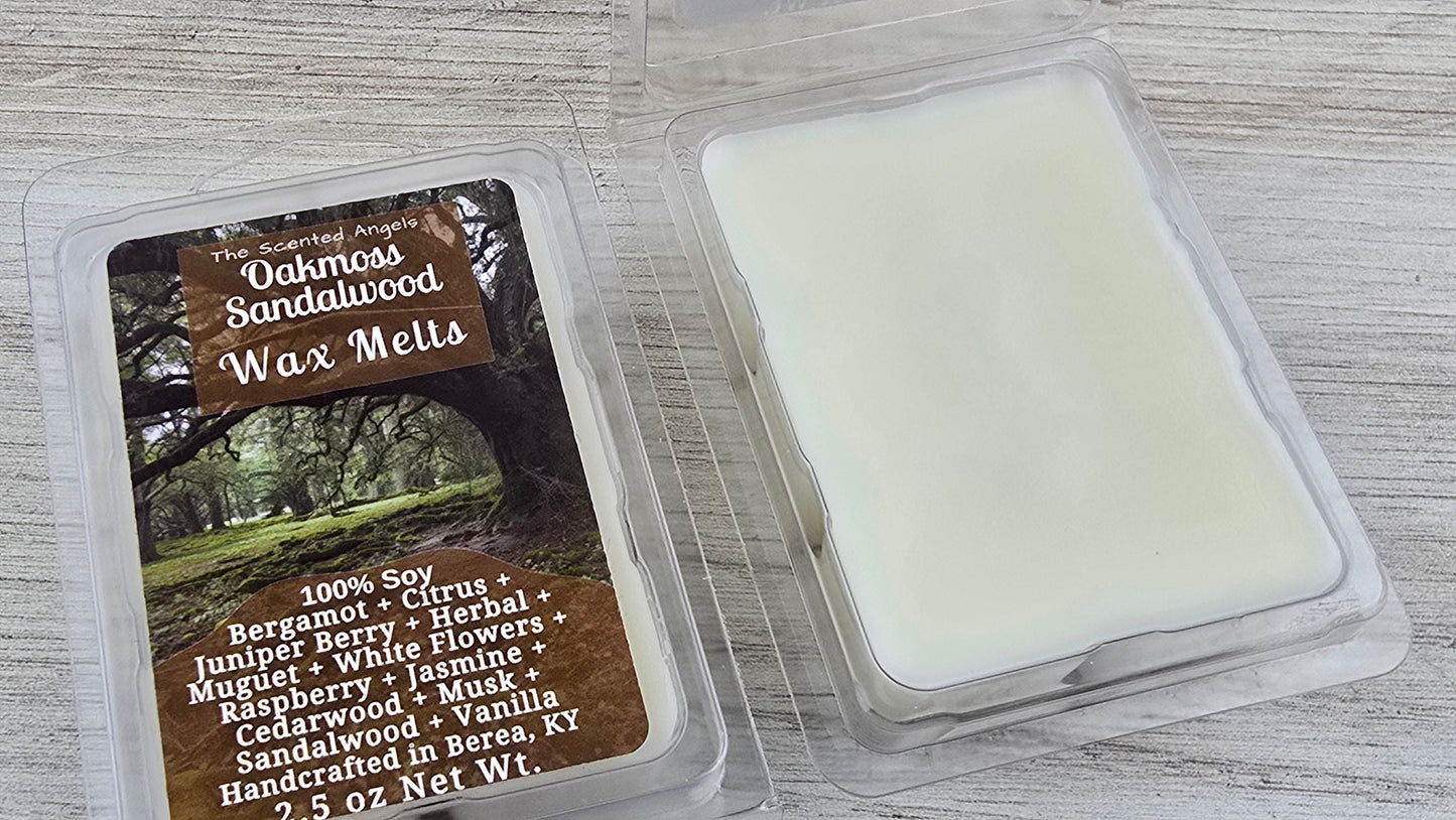 Oakmoss Sandalwood wax melts packaging on a wooden surface