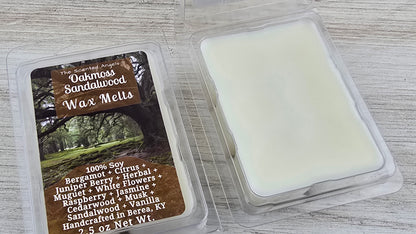Oakmoss Sandalwood wax melts packaging on a wooden surface