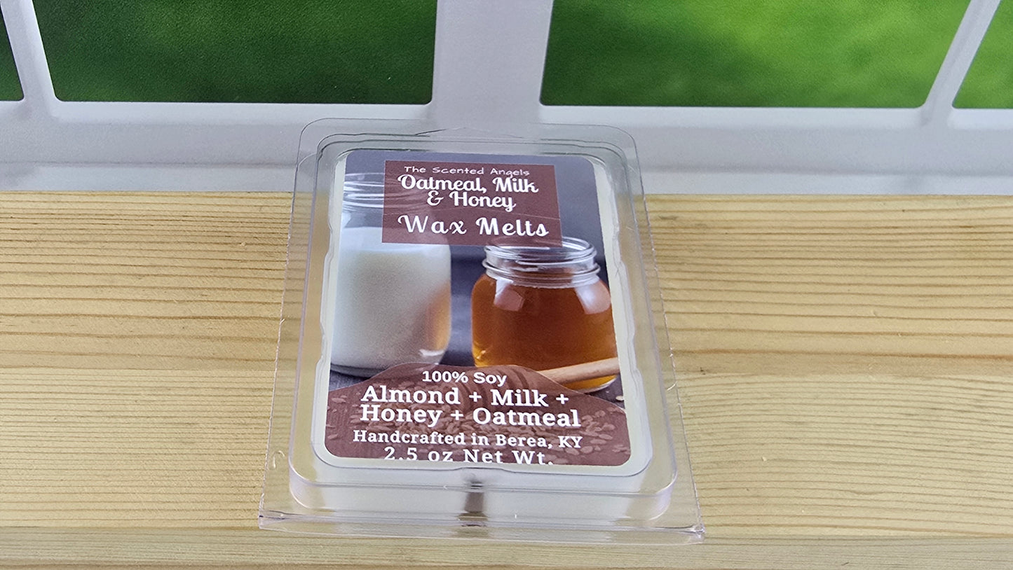 Packaged wax melts with a label on a wooden surface