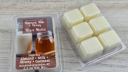 Packaged wax melts with a jar of honey and text on a wooden surface