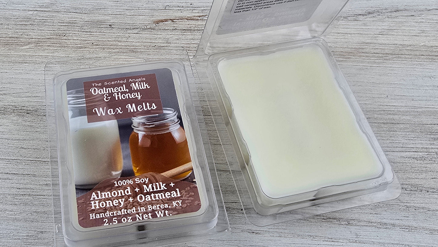 Wax melt packaging with a label on a wooden surface