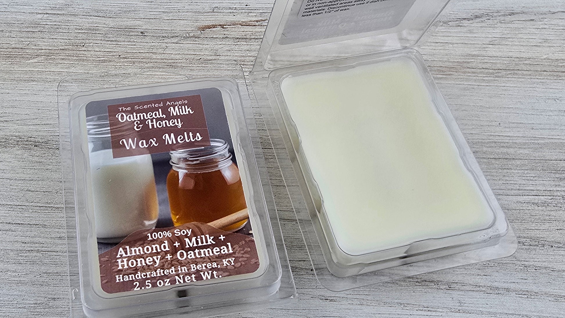 Wax melt packaging with a label on a wooden surface